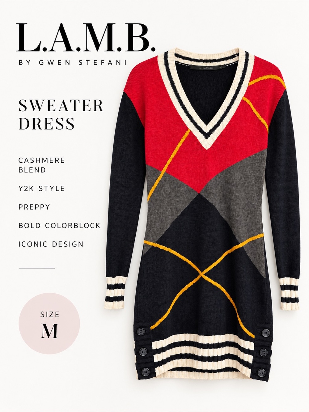 L.A.M.B. Gwen Stefani M Cashmere Blend Argyle Sweater Dress Y2K Preppy